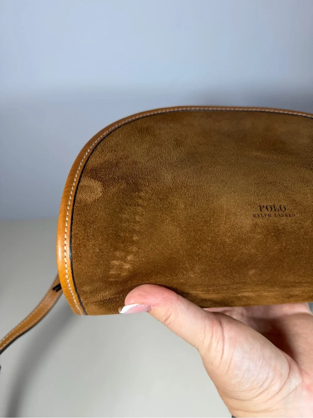 Polo by Ralph Lauren Brown Suede Half-Moon Crossbody with Tan Trim